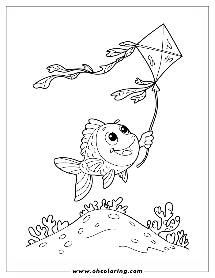 Line art of a fish holding the string of a kite with seaweed-like streamers, flying above coral and a sandy seabed.