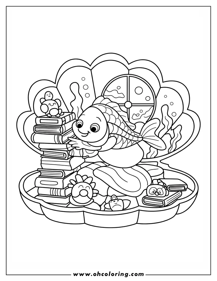 Line art of a fish sitting in a clam shell with a stack of books, toys, and a round window.