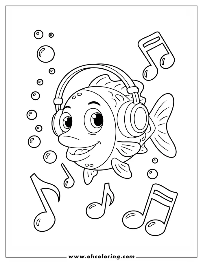 Outline of a fish wearing headphones, surrounded by musical notes and bubbles