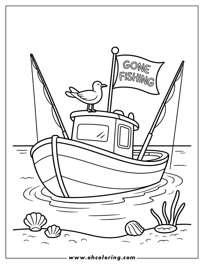 Line art of a fishing boat with a "Gone Fishing" flag, fishing rods, and a seagull.