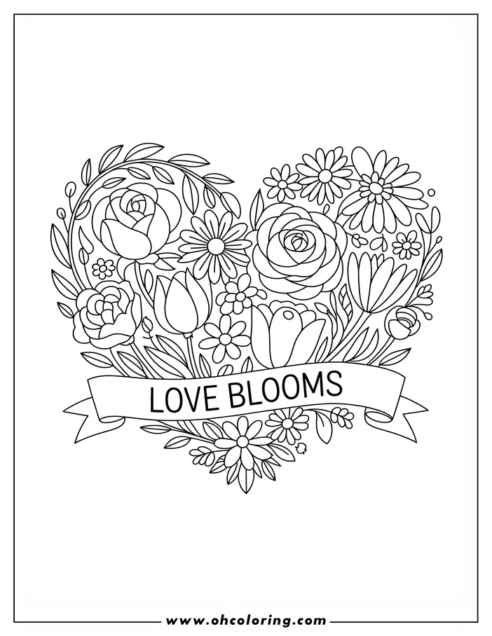 Line art of a heart-shaped bouquet filled with roses, tulips, daisies, and other flowers, intertwined with leaves and vines. A ribbon across the heart reads 'Love Blooms.' This is a coloring sheet design.