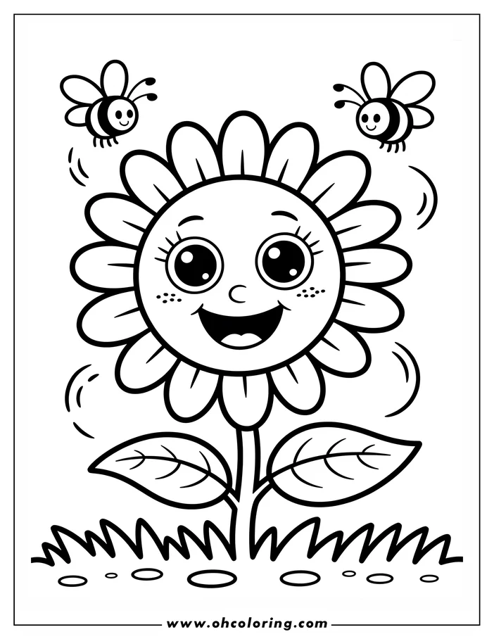 Outline of a happy flower with two bees buzzing nearby