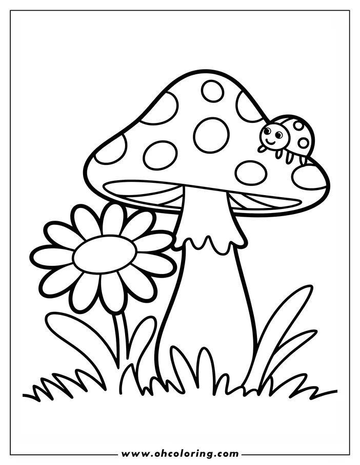 A simple drawing of a spotted mushroom next to a daisy, with a ladybug perched on top. The drawing is done in basic line art, ready to be colored.