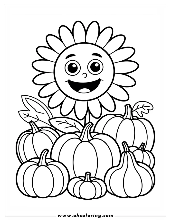 A smiling cartoon flower is surrounded by pumpkins, a Thanksgiving scene.