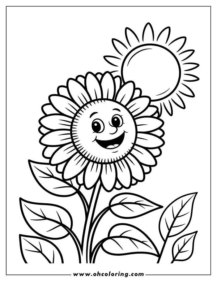 Line art of a smiling flower with a smiling sun in the background.