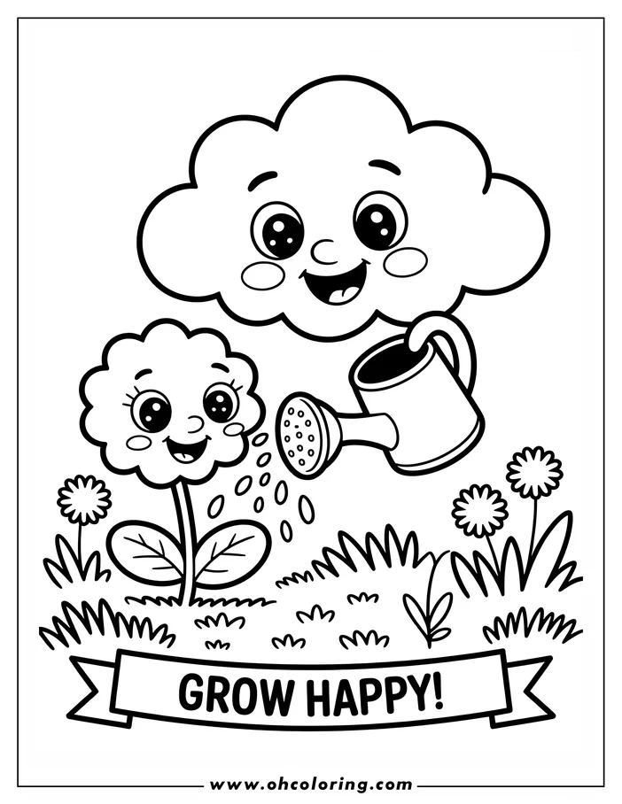 Outline of a flower being watered by a smiling cloud with a watering can.