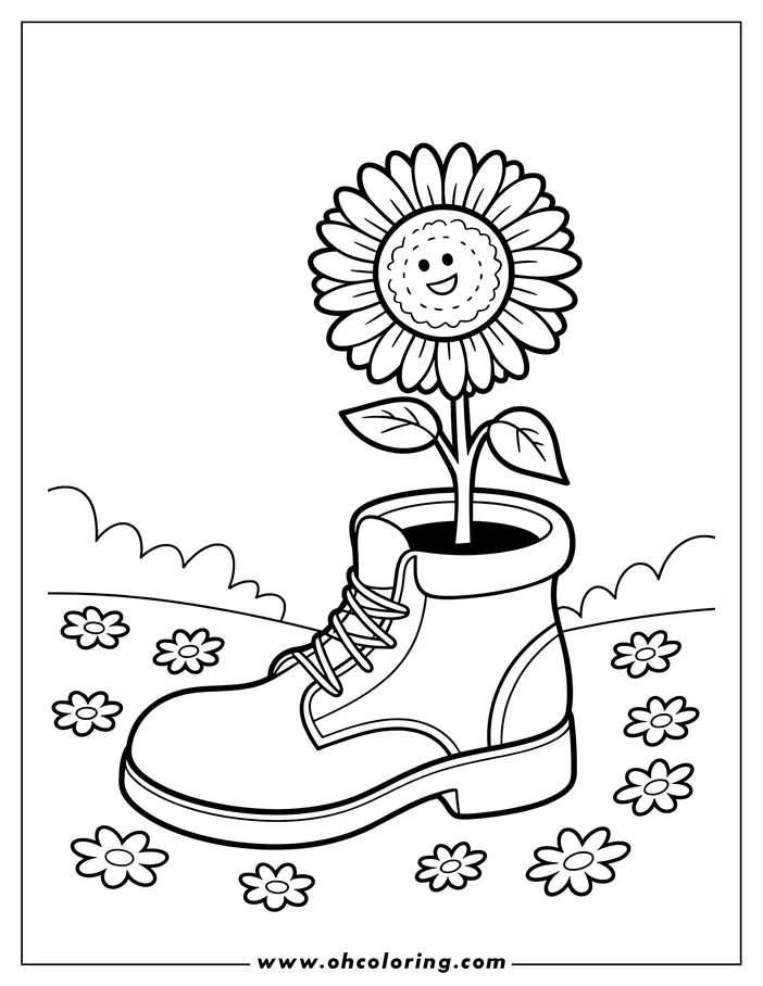 Line art of a smiling flower growing in a boot surrounded by smaller flowers and grass.