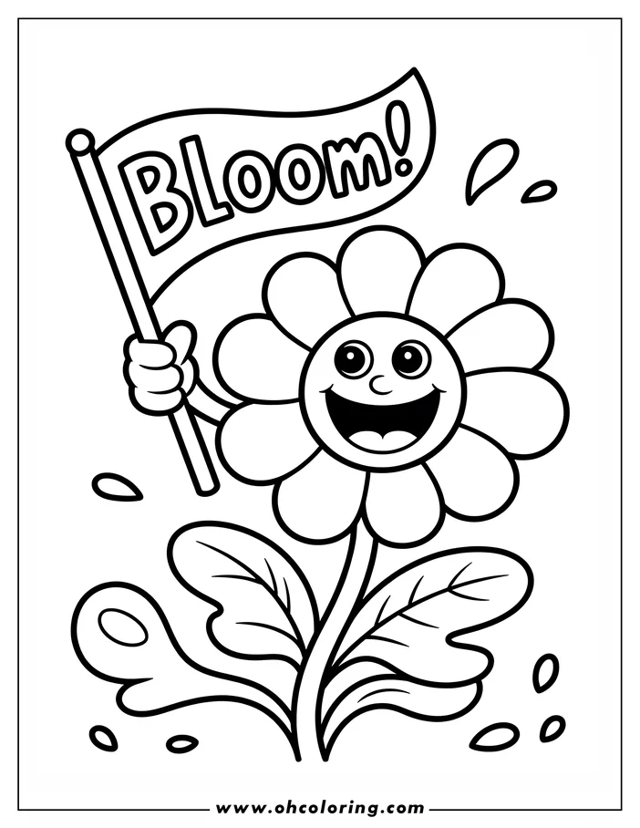 A cartoon flower holding a flag that says 'Bloom!'