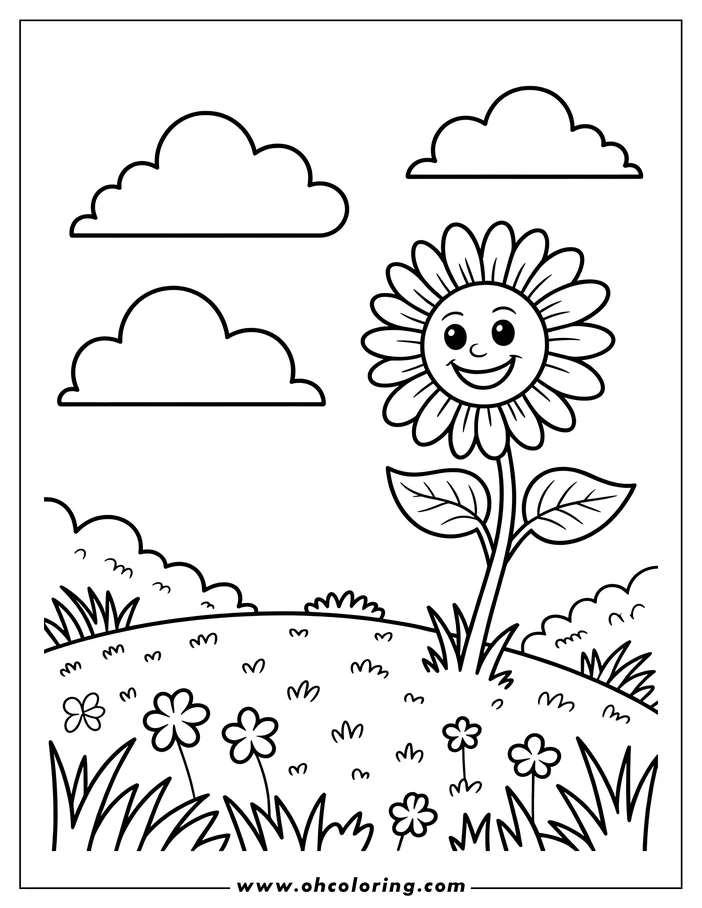 Line art of a happy flower in a garden with smaller flowers and grass