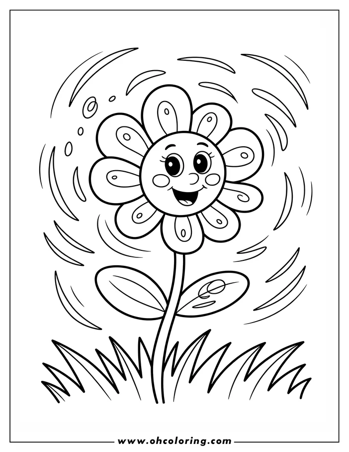 Line art of a cheerful flower growing in the grass. The flower has a happy face.