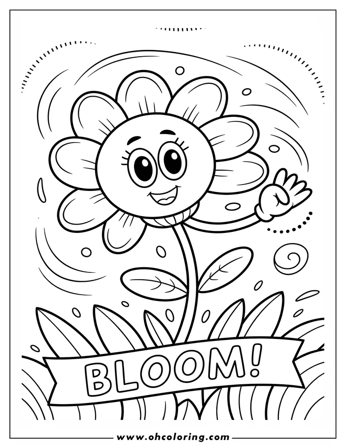 Outline of a cheerful flower waving with a gloved hand, with 'Bloom!' written on a banner below it.