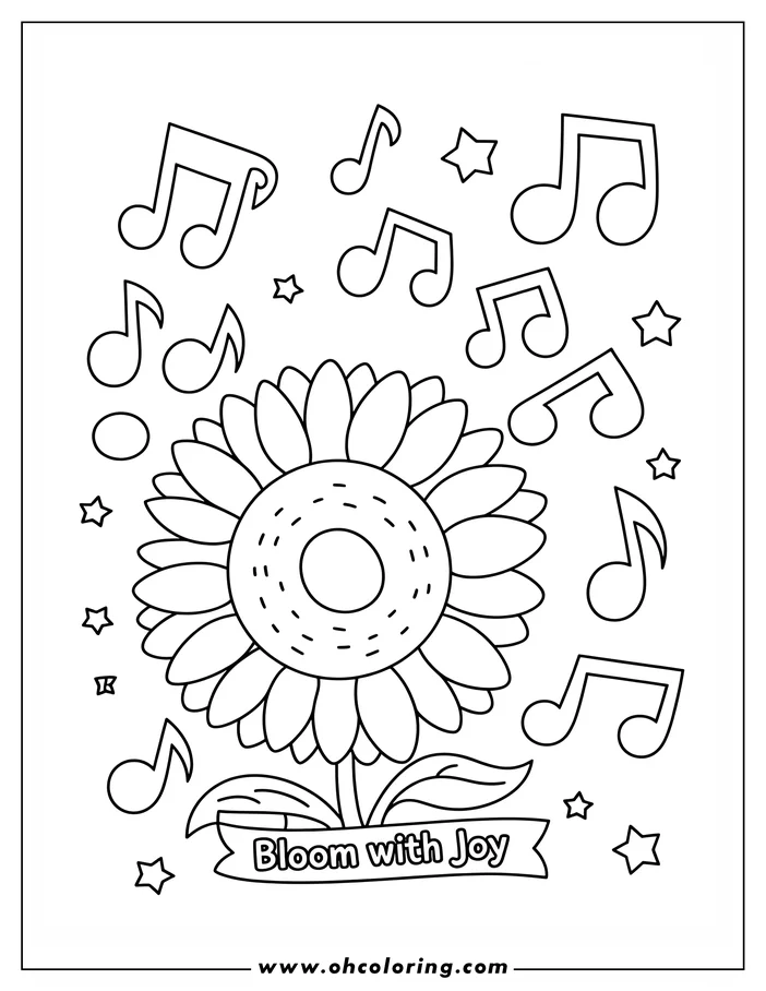 Outline of a flower surrounded by musical notes and stars. A banner below reads 'Bloom with Joy'.