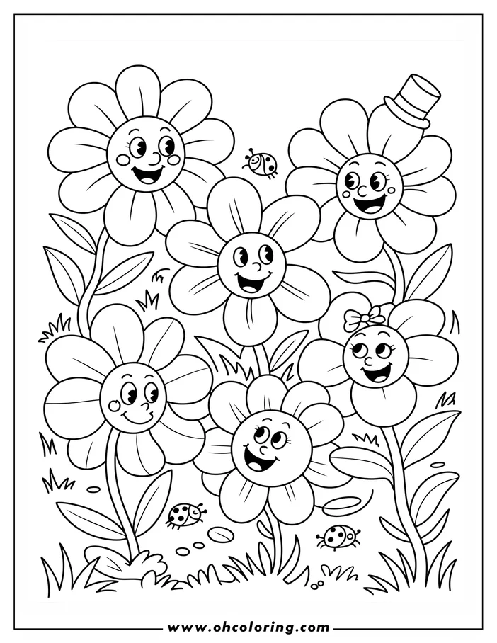 Line art of six smiling flowers and three ladybugs