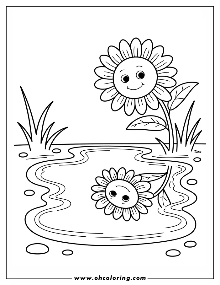 Two cartoon flowers with smiling faces grow beside a stream. One stands tall on the bank, the other leans towards the water.