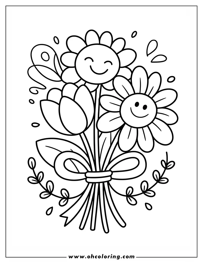 Bouquet of flowers tied with a ribbon. Includes smiling daisies and a tulip, framed with leaves and sprigs.