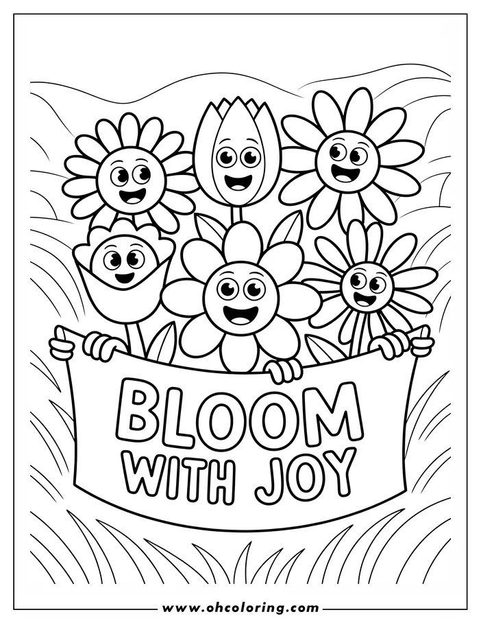 Five flowers with happy faces holding a sign that says Bloom with Joy