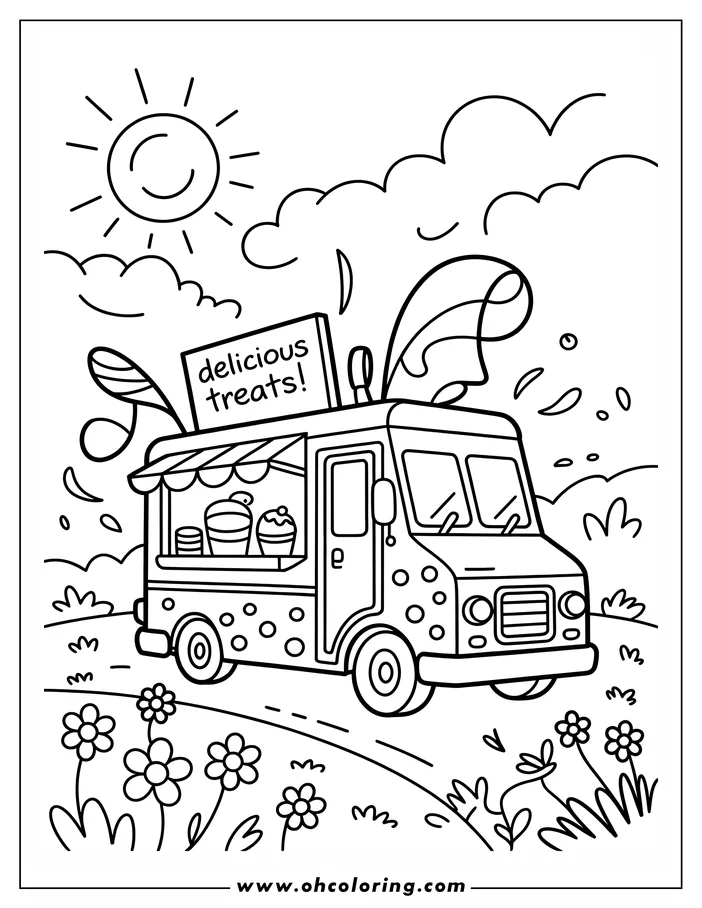 Outline of a food truck driving on a road with a sign that says 'delicious treats!', flowers, and sunshine.