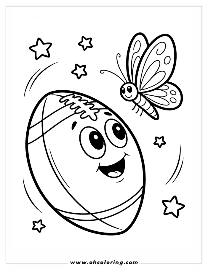 Line art of a smiling football with a friendly butterfly and stars.