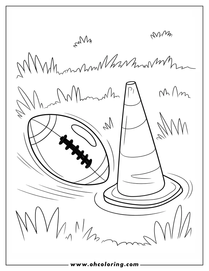 Line art of a football near a cone on a grassy field.