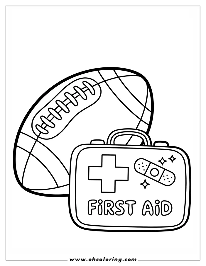 Line art of a football and a first aid kit. The kit has a cross, a bandage, and the words 'FIRST AID'.