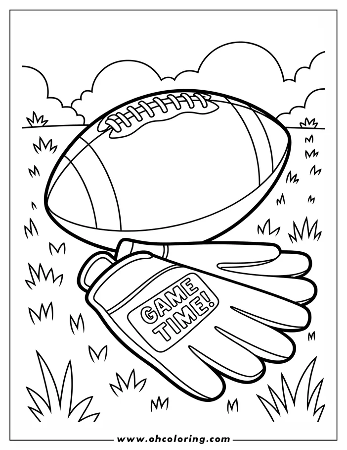 Line art of a football and a glove on grass. The glove has "Game Time!" written on it.