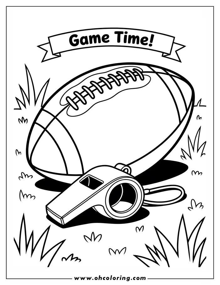 Line art of a football and whistle on grass, ready for coloring.