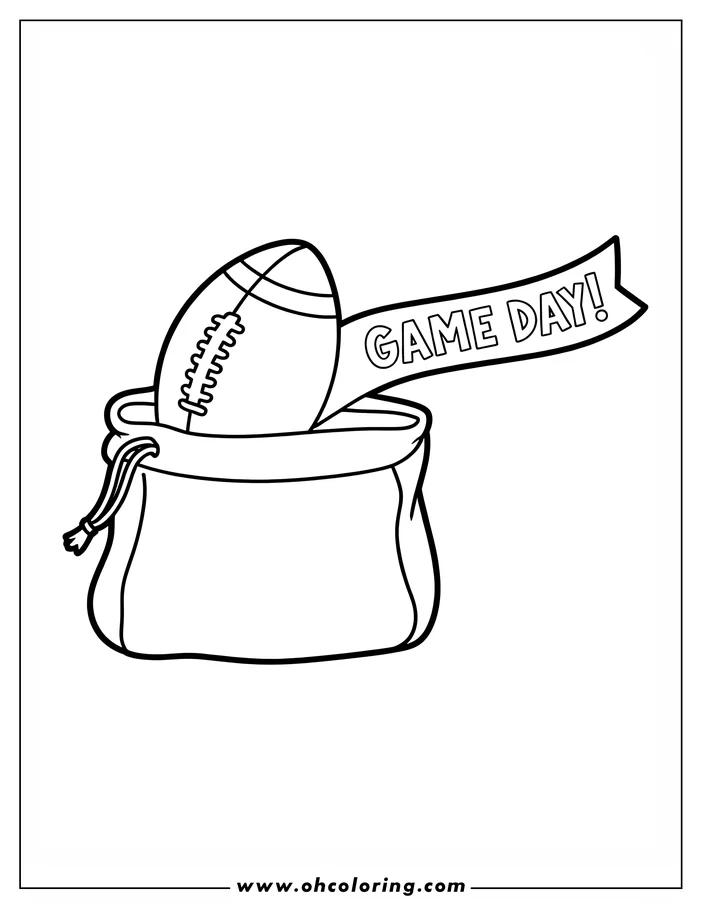 Line art of a football in a drawstring bag with a "GAME DAY!" banner.