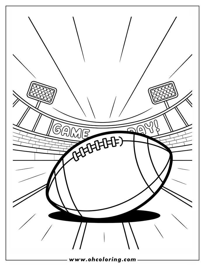 Line art of a football on the field in a stadium on game day