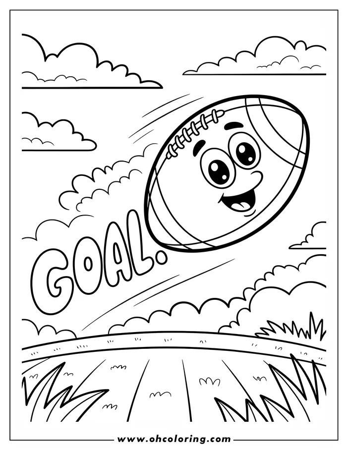 A cartoon football with a happy face flies through the air above a grassy field, with the word 'GOAL' in the background.