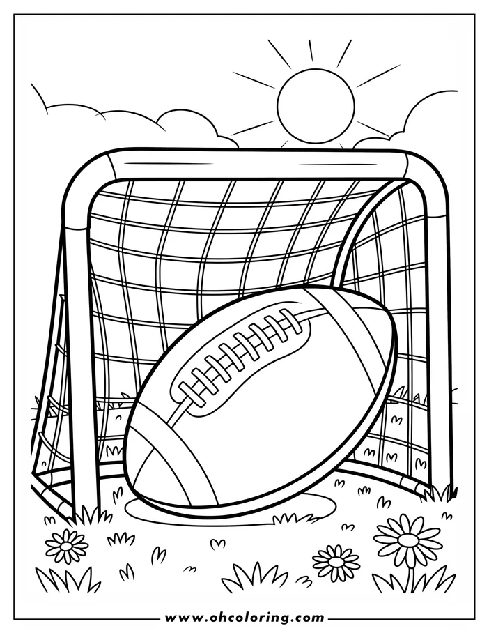 Line art of a football near a goalpost on a sunny day