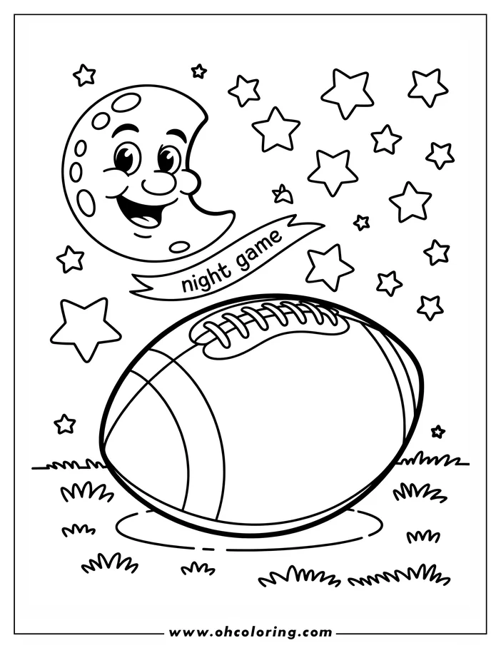 A football on a grassy field at night with a smiling crescent moon and stars overhead. A banner reads "night game."