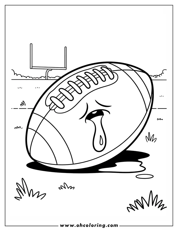 Line art of a deflated football on a field with a goalpost in the background