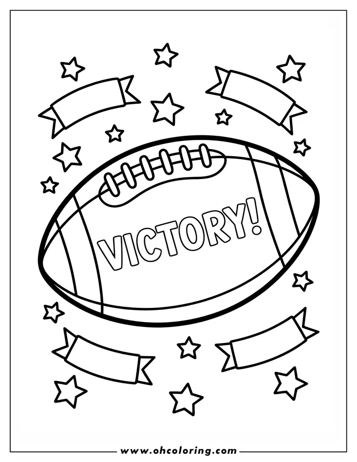 Line art of a football with the word "Victory!" surrounded by stars and banners.