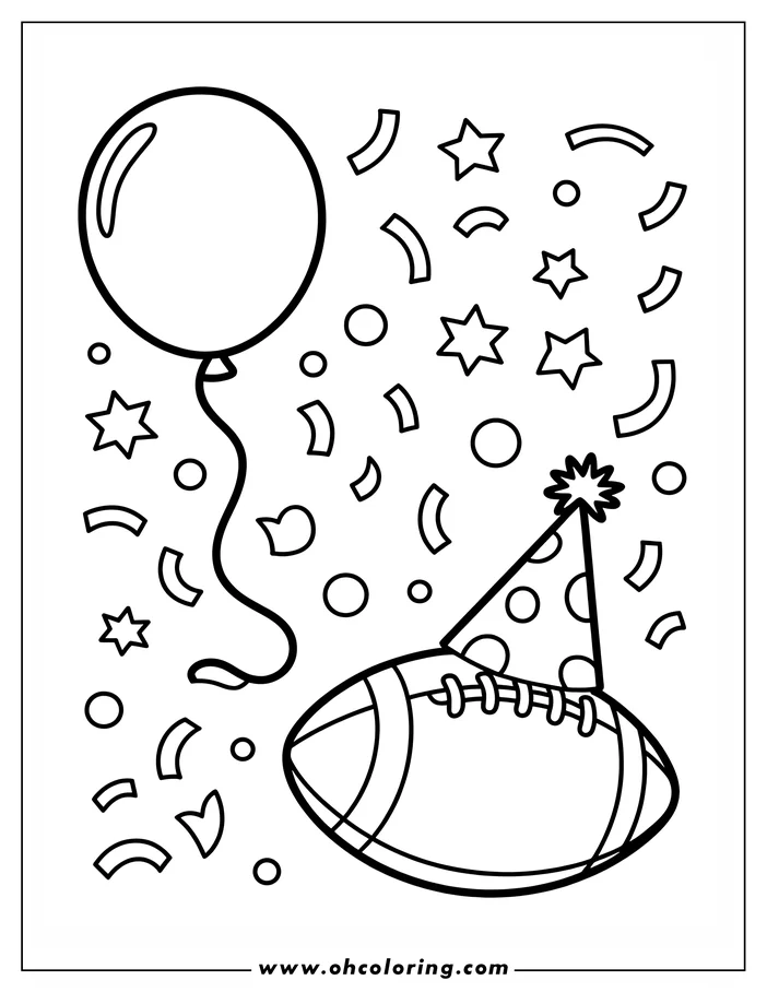 Line art of a football wearing a party hat with confetti and a balloon.