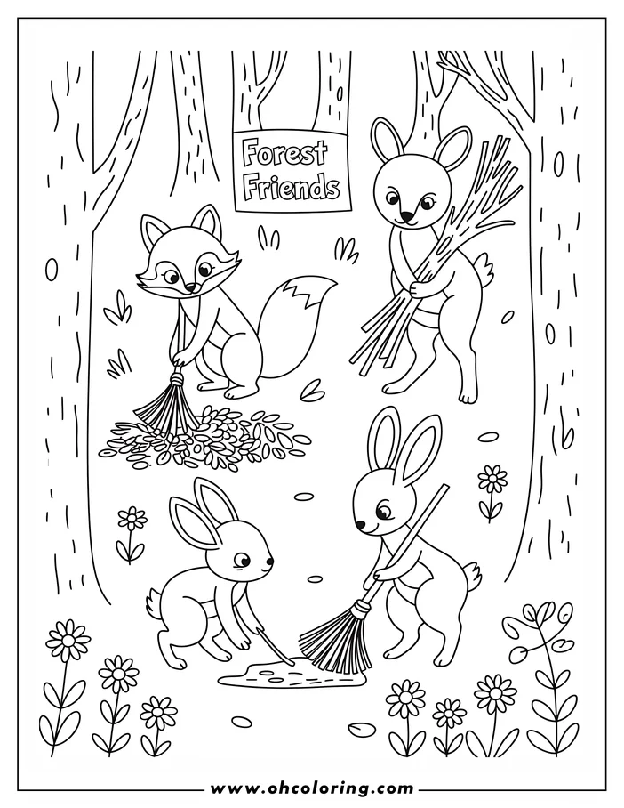 Line art of a fox and two rabbits cleaning a forest. The fox sweeps leaves, one rabbit gathers branches, and the other sweeps a puddle. Flowers and trees create a forest setting, and a sign reads 'Forest Friends.' This is a design for a coloring page.