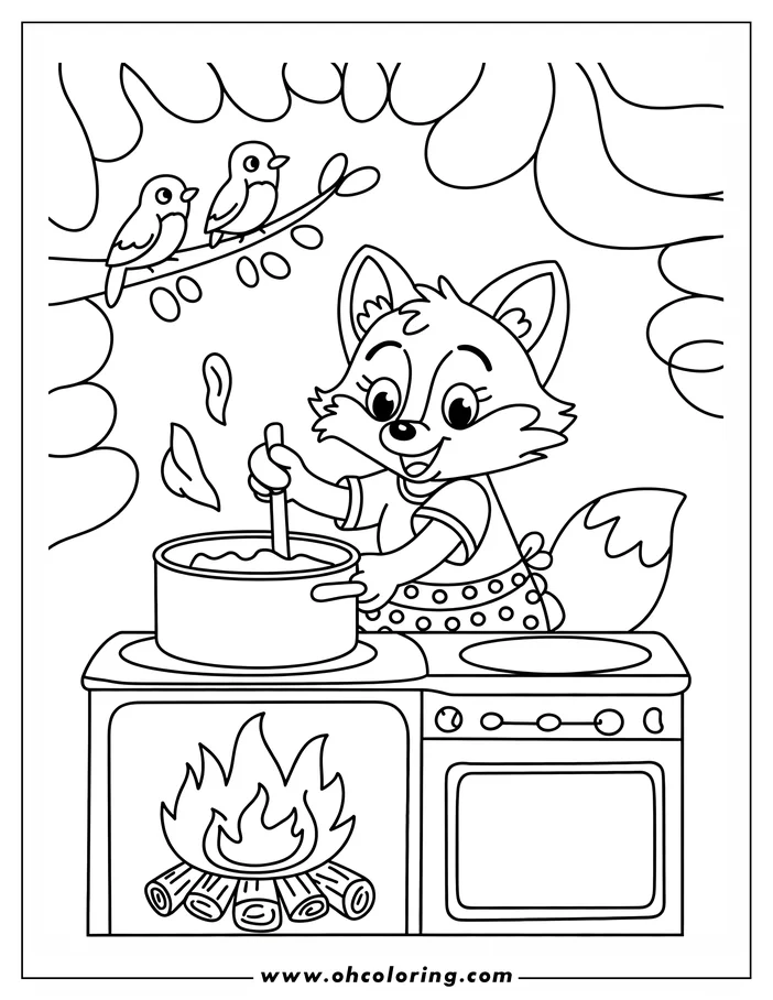 Line art of a cartoon fox happily cooking soup on a stove with a fire burning underneath. Two birds are perched on a branch overhead.