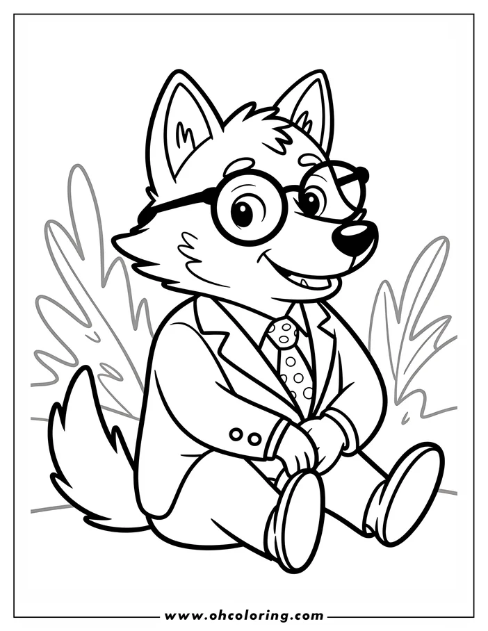 Line art of a cartoon fox wearing a suit, glasses, and a polka dot tie, sitting with a backdrop of leaves.