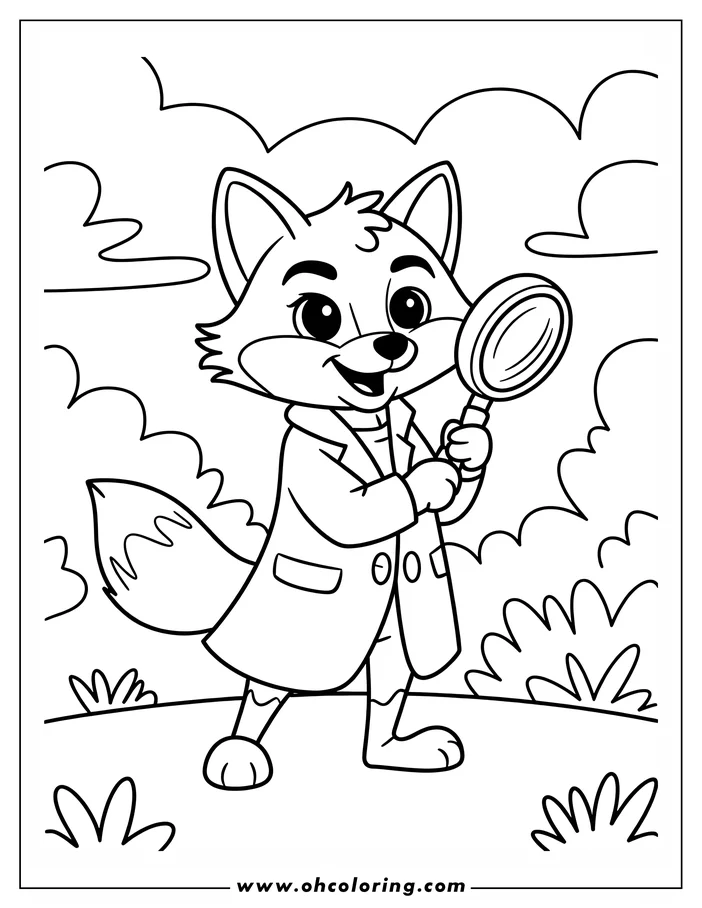 Cartoon fox in a long coat, holding a magnifying glass. 