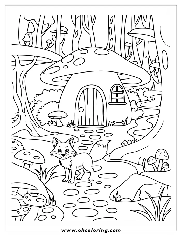 Outline of a friendly fox near a whimsical mushroom house in a forest setting. Several other mushrooms and trees surround the scene.