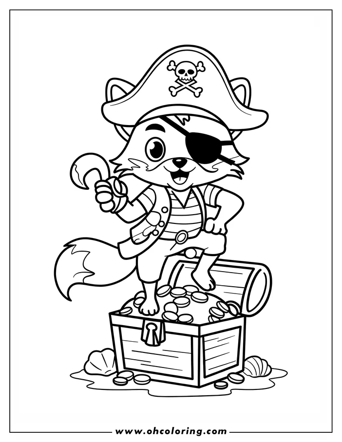 Line art of a cartoon fox pirate standing on a treasure chest overflowing with gold coins.