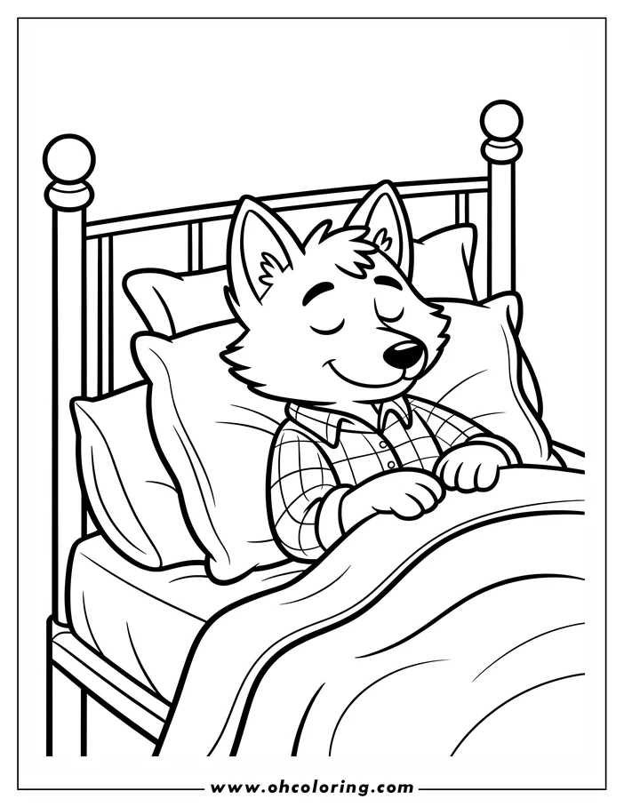 A cartoon fox is soundly asleep in bed, tucked under the covers and wearing a plaid shirt.