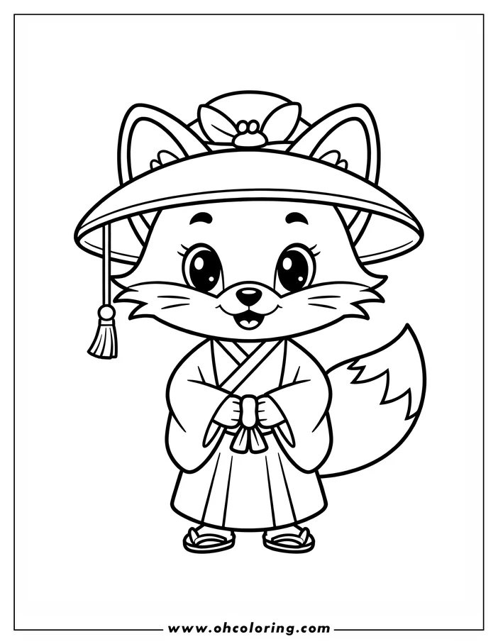Outline of a fox wearing a traditional Asian outfit, including a robe, hat, and sandals.
