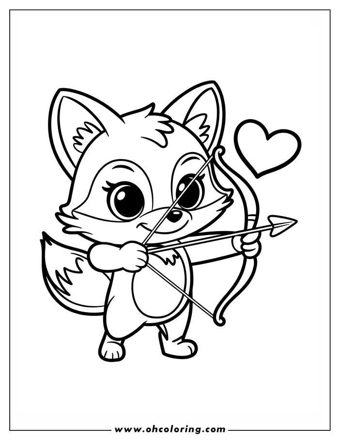 Line art of a cartoon fox aiming a bow and arrow with a heart near the arrow tip.