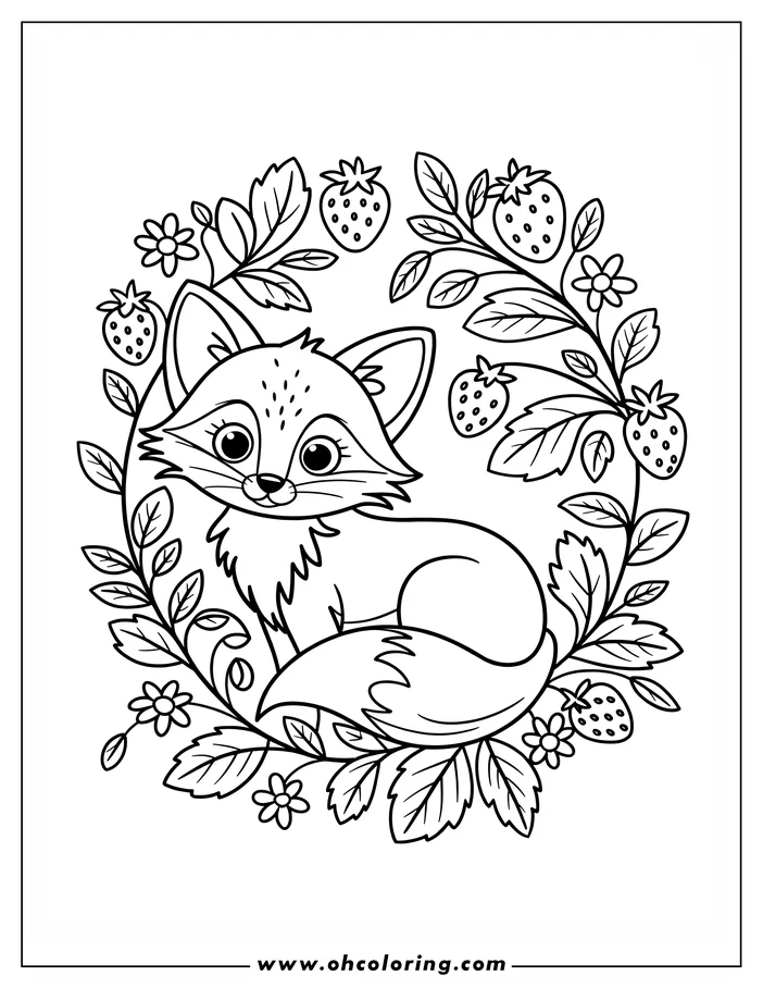 Outline of a cartoon fox sitting contentedly within a wreath of strawberry plants and flowers.