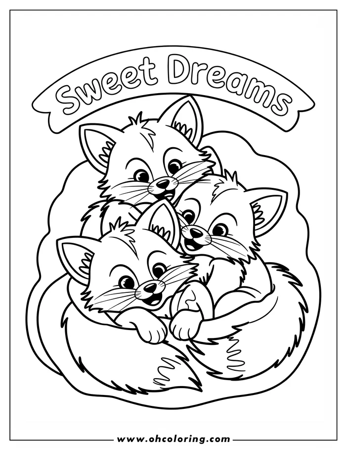 Three foxes cuddling together. They have large eyes and bushy tails.