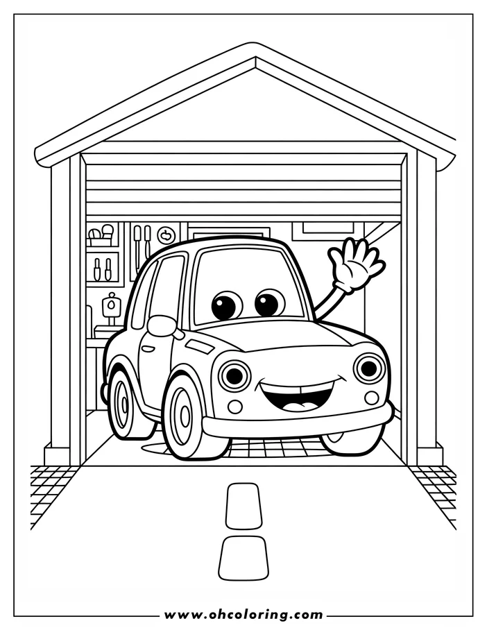 Line art of a friendly cartoon car waving from inside a garage.