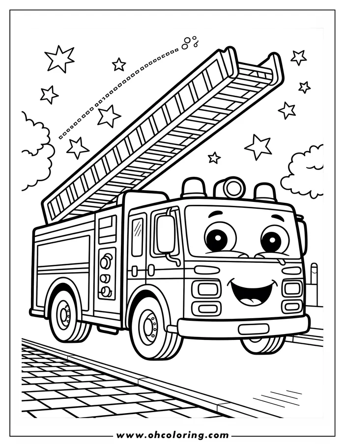 Line art of a friendly, smiling fire truck with an extended ladder. Stars and clouds decorate the background, and the truck sits on a paved road next to a sidewalk. This is a coloring sheet design, perfect for kids.