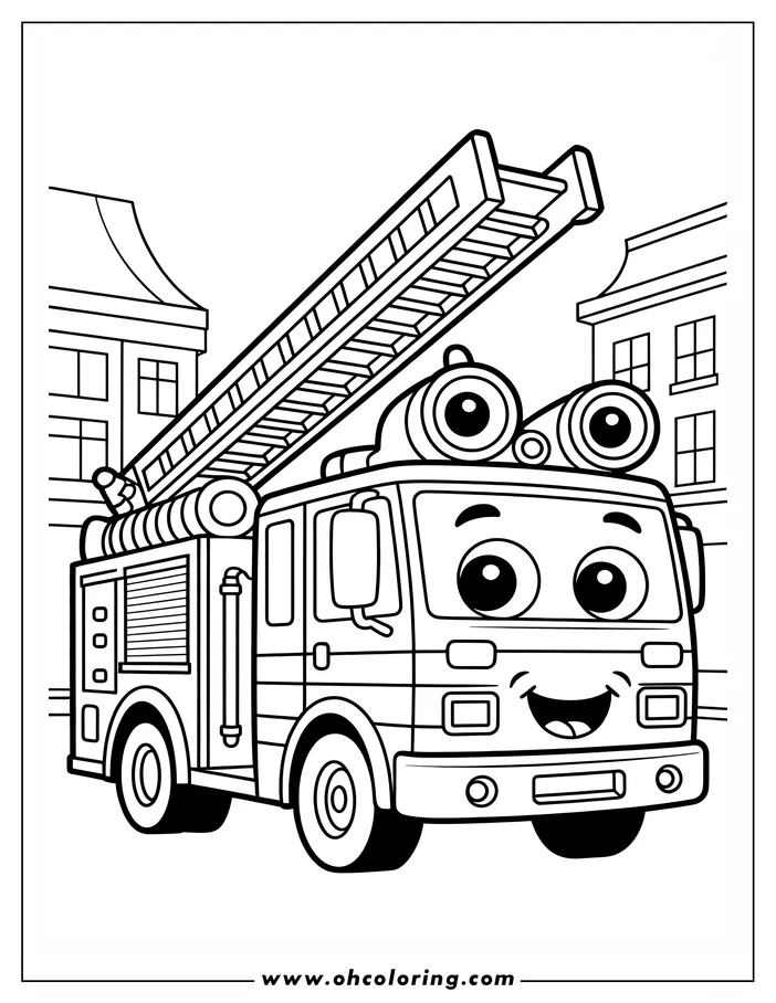 Line art of a friendly fire truck with a big smile, large round eyes, and its ladder fully extended. It's positioned between two simple buildings, creating a city scene.  This is a coloring sheet design, perfect for kids who love fire trucks.