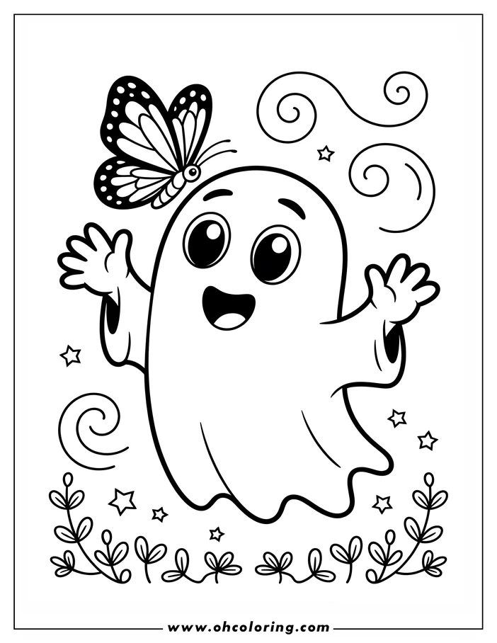 Line art of a friendly ghost with a butterfly on its head, waving hello. Halloween-themed coloring page.