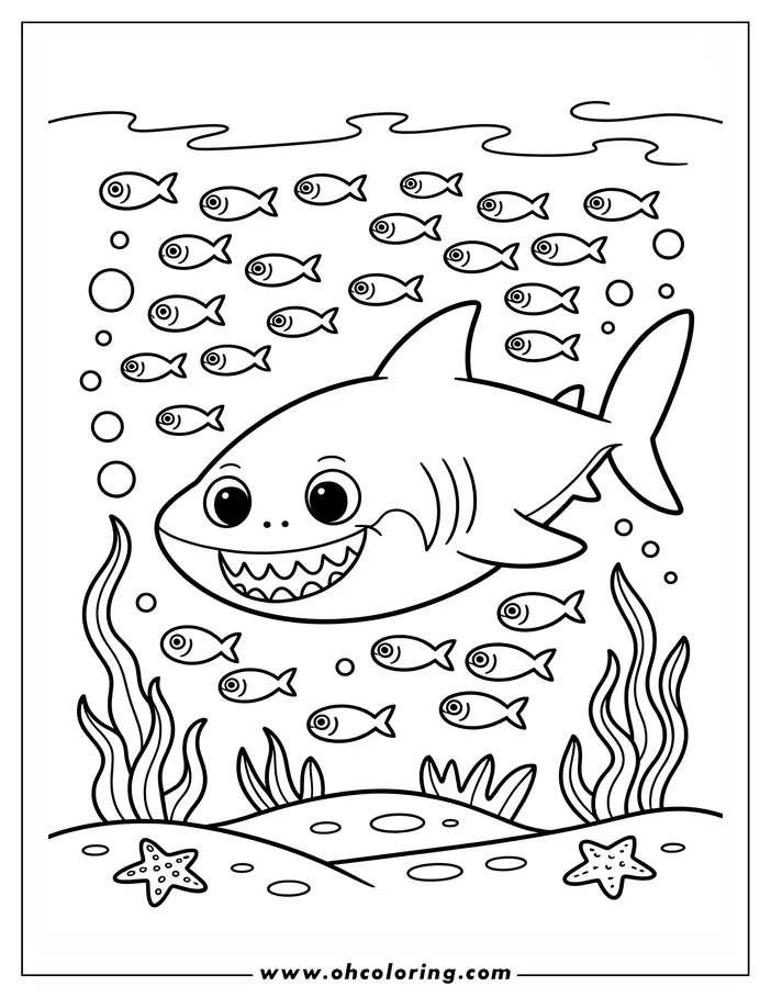 Outline of a cartoon shark swimming amongst a school of small fish, near some seaweed and starfish on the seabed.